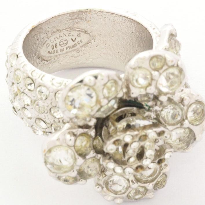 CHANEL Ring CC Logo Camellia flower Rhinestone US Size 7.25