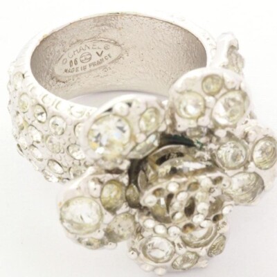 CHANEL 花形リング CHANEL Ring CC Logo Camellia flower Rhinestone US Size 7.25 O6V