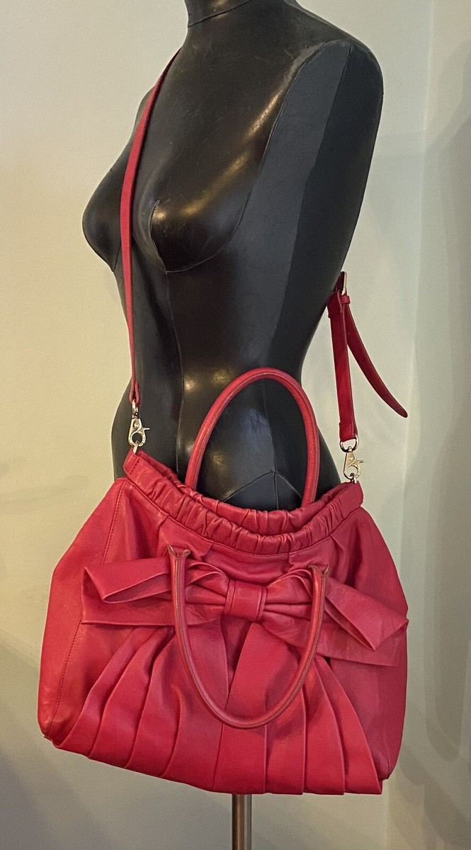 Valentino Red Leather Large Pleated Hobo Bow Front Bag Valentino Red Leather Large Pleated Hobo Bow Front Bag