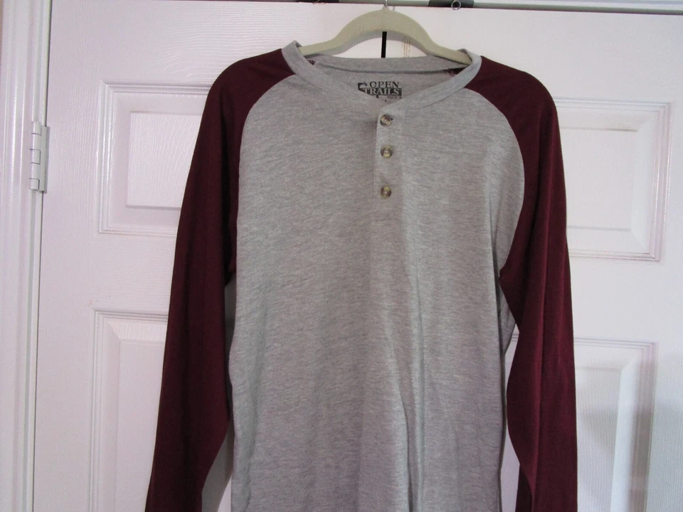 Open Trails Mens Jersey Shirt Medium Gray Burgundy Long Sleeve Foto 2 de 4