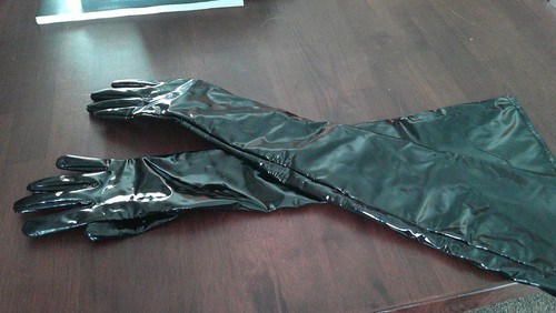 BLACK LEATHERETTE LONG GLOVES Vinyl Costume Fake Leather S&M