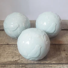 SET OF 3 Glazed Porcelain Bird Embossed Decorative Balls Orbs Spheres