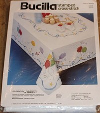 NEW Bucilla Stamped Cross Stitch Kit Tablecloth or Napkin Set CELEBRATION #40539