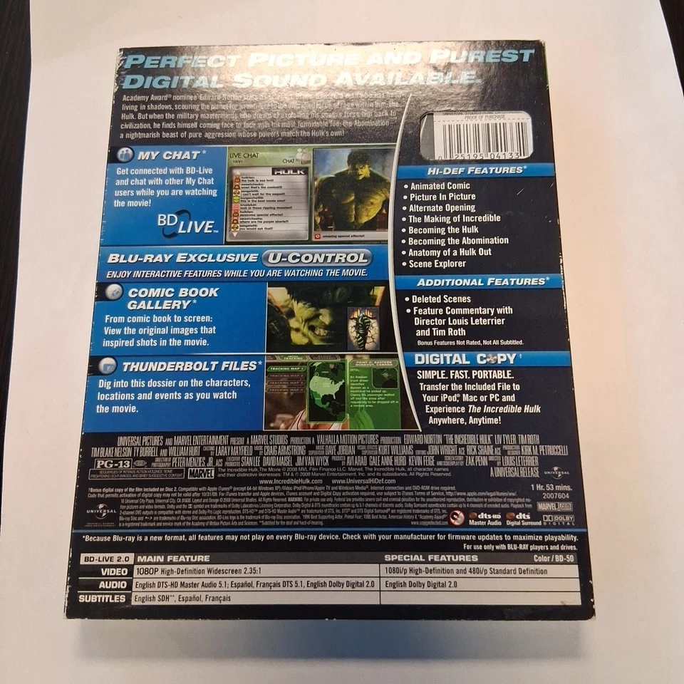 The Incredible Hulk Blu-Ray, Green Case, Lenticular 3-D Slipcover, Bonus & DC Foto 2 de 4