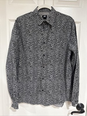 H&M Men's MED Long Sleeve Button Up Shirt Gray Multi Animal Print