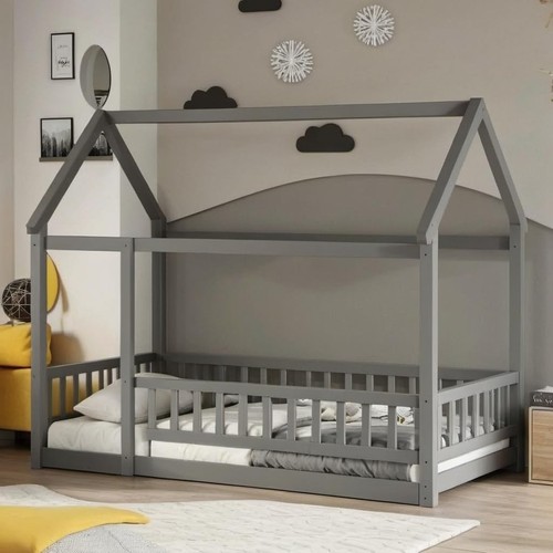 Twin Size Montessori Floor Bed with Roof & Fence Guardrails for Boys Girls Be...