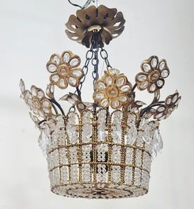 Vintage FRENCH Mid-Century MODERN Crystal & Bronze Flower BASKET CHANDELIER