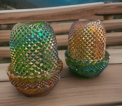 Rosso Mosser Green And Amber Carnival Glass Glimmer Fairy Lamps | eBay