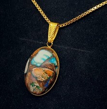 Large Oval semi-precious Blue Jasper Copper Bornite pendant necklace gold-plated