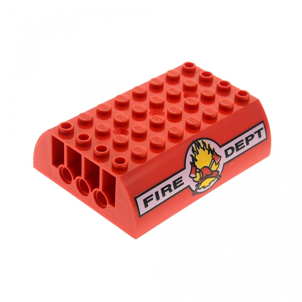 1X Lego Roof Brick 6X8X2 Red Curved FIRE DEPT Fire Brigade 4657 56204 45411PB03