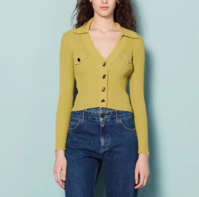 Sandro V-neck Knit Top Spiraled Long Sleeve Fit Sweater Top for Women