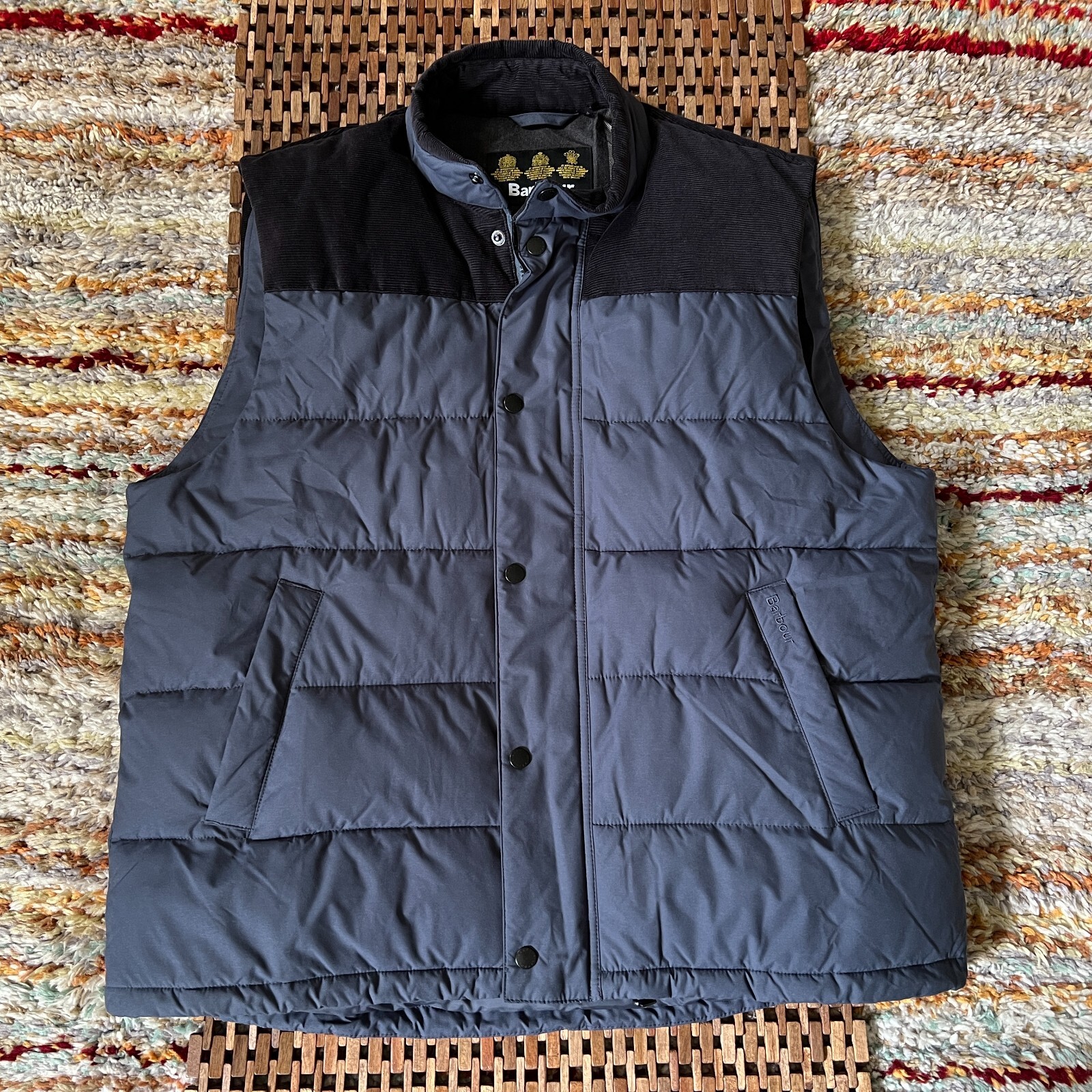 Barbour Men's XL Blue Grey Goose Down Puffer Vest Full Zip Snap