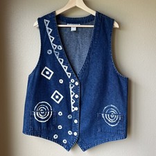 VTG Denim Vest Stampede Women  s Size L USA Made 80  s 90s Boho Bleached Designs