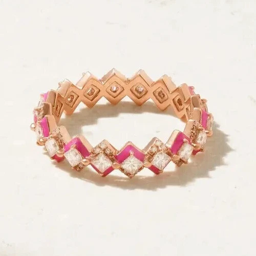 3CT Princess Cut Simulated Diamond & Enamel Eternity Ring 14k Rose Gold Plated Foto 3 de 4