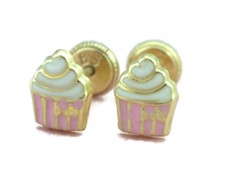 14K Gold Stud Cup Cake Enamel Earrings with Screw Back, Cupcake Stud Earrings
