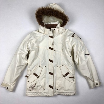 white snow jacket with fur hood