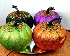 Halloween 4 10"R x 5"T Black Green Orange Purple Glitter Accents Pumpkins Decor