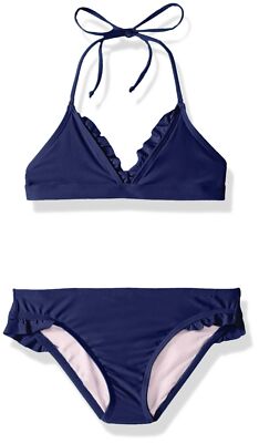 Splendid Big Girls' Triangle Top and Ruffle Bikini Bottom Set Navy Size 7