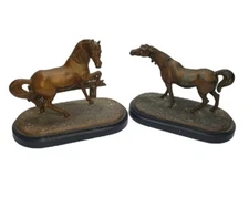 Vintage Antique Bronzed Spelter Horse Statues Sculpture On Metal Stand