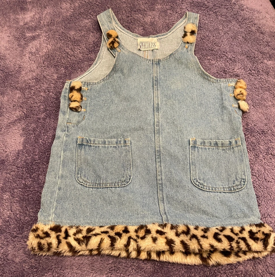 VTG Speechless Girls Overall Blue Denim Jean Dress Leopard Print Faux Fur Sz 6 - Image 2 of 4