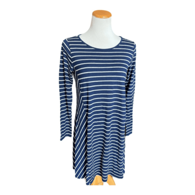 Womens Stylus Navy Blue Long Sleeve Striped Swing Dress - Sz M