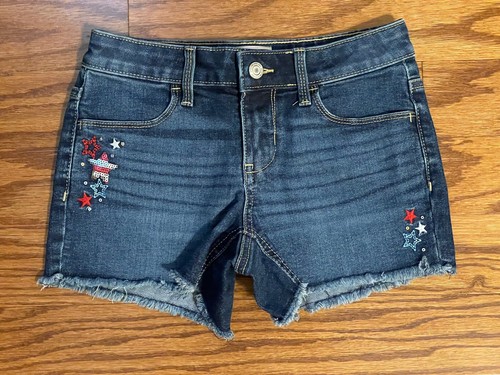 Girl Size 8 SO Embroidered Patriotic Adjustable Waist Pocket Fringe Denim Shorts