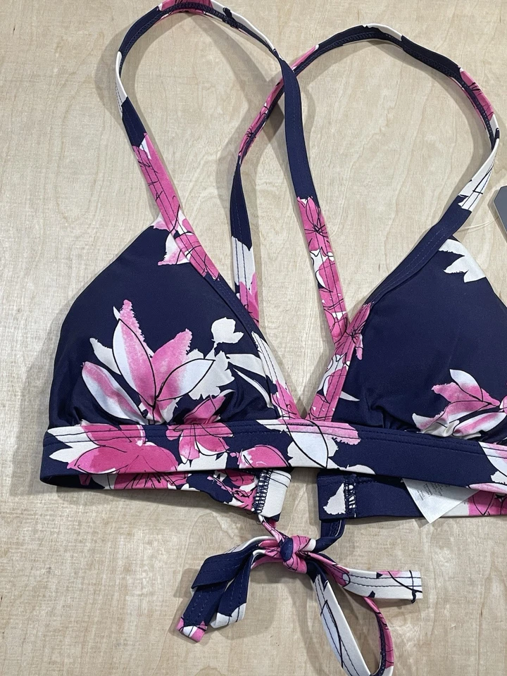 Top de bikini Nautica azul marino y rosa floral tirantes entrecruzados. Talla pequeña nueva con etiquetas Foto 3 de 4