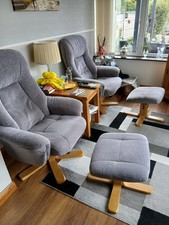 Set of 2 Grey Fabric Recliner Armchairs with Footstools, Wood Frame