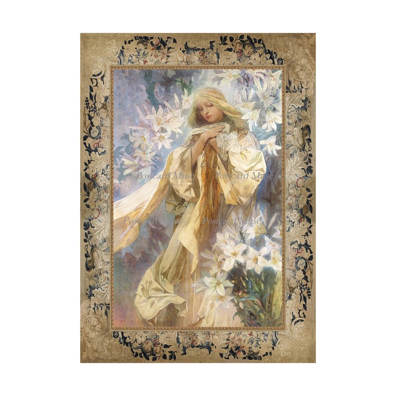 Madonna Of The Lilies By Mucha Cotton Fabric Block Panel Sewing Applique
