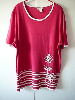 A6 Mona Kurzarm-Pulli Pullove Gr 42/44 rot Streifen weiß 3D-Blüten + Perlen