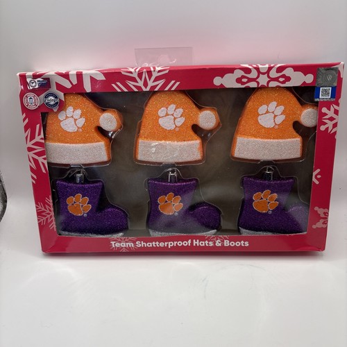 Clemson Tigers NCAA 6 Pack Shatterproof Christmas Tree Ornaments Hats & Boots