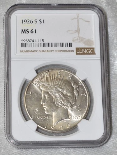 1926 S PEACE 90% SILVER $1 DOLLAR NGC CERTIFIED MS 61 MS61 SAN FRANCISCO US MINT