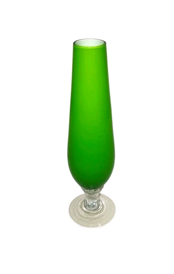 Vintage Empoli Style Lime Green Encased Glass Pedestal Bud Vase