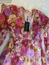 R. Vivimos Floral Maxi Dress M Boho Cottagecore Long Sleeve V Neck Pink Red