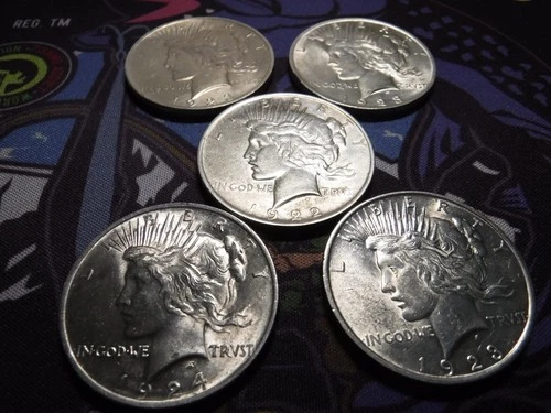 Peace Silver Dollars Lot of 5 90% Bullion 1922 & 1923 & 1924 Nice
