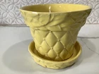 Vintage McCoy Pottery Yellow Diamond Bead Leaf Planter Attached Saucer 5”H x 6”W