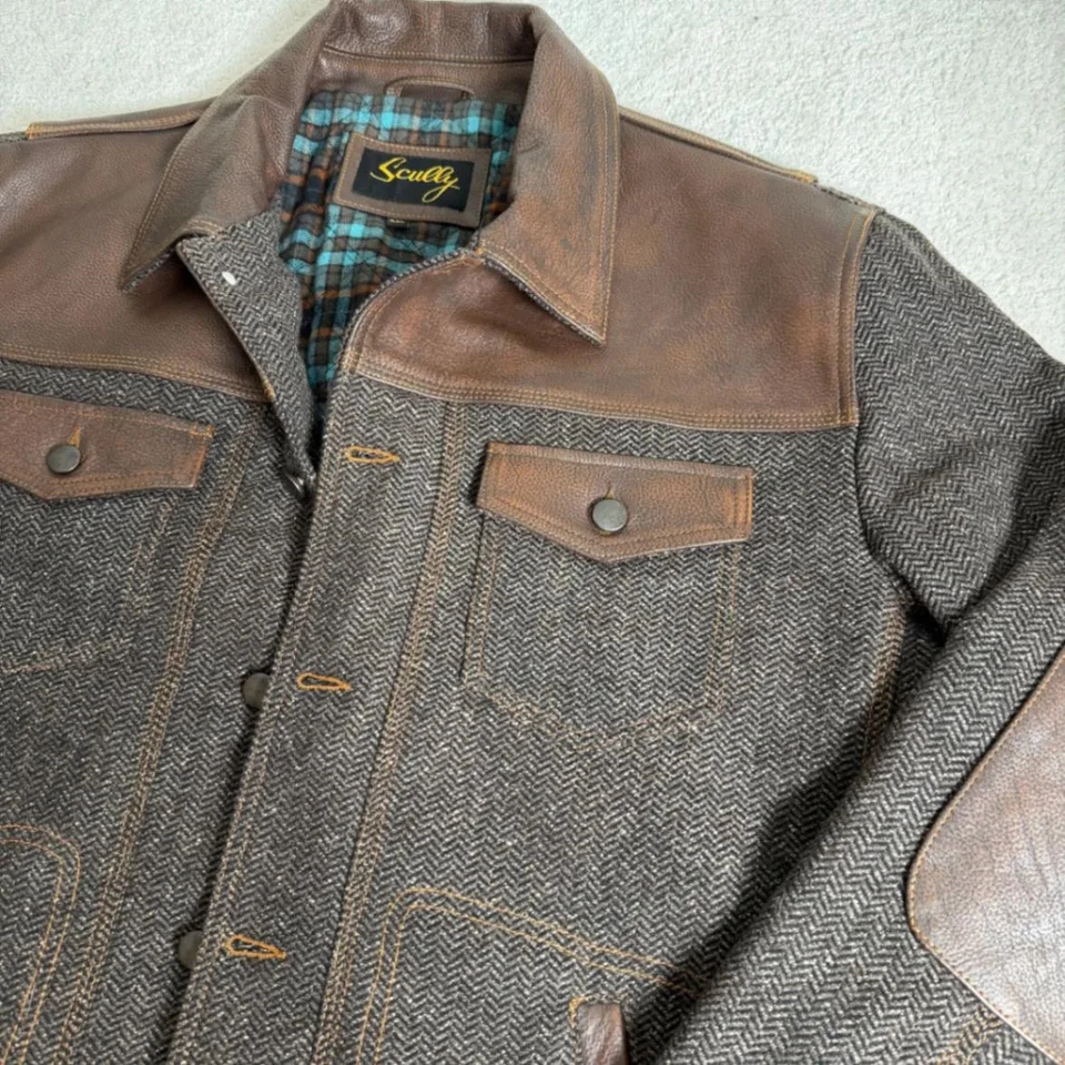Scully Leather Wool Blend Herringbone Jacket XXL Brown Plaid Lined Mens - Image 2 of 4