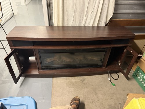 Dark Wood TV Stand/w Electric Fireplace And Built In Sound System W/remote