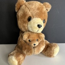 Vintage R Dakin  Co. Plush Stuffed Brown Bear Teddy 10" Mom Hugging Baby Child