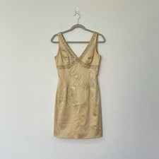 PAPELL BOUTIQUE EVENING Gold Satin Mini Dress Sequined Lace Floral Women Sz 4