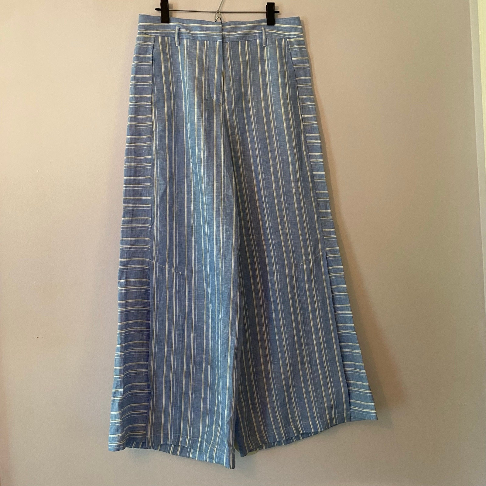 Anthropologie ett:twa Blue White Striped 100% Linen Wide Leg Flowy Pants Women 8
