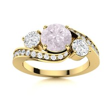 5MM Round Pink Quartz 925 Sterling Silver Gold Plated Three Stone Women Ring