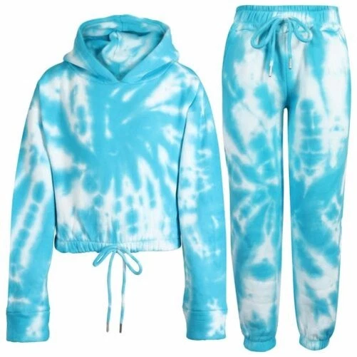 Enfants Tie And Dye Bleu Survêtement Gym Court Capuche Pantalon Cordon Set 5-13 - Photo 1/1