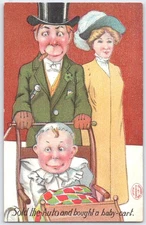 Vintage 1909 Humorous Family Postcard by H. Robbins Boston Auto Baby Cart
