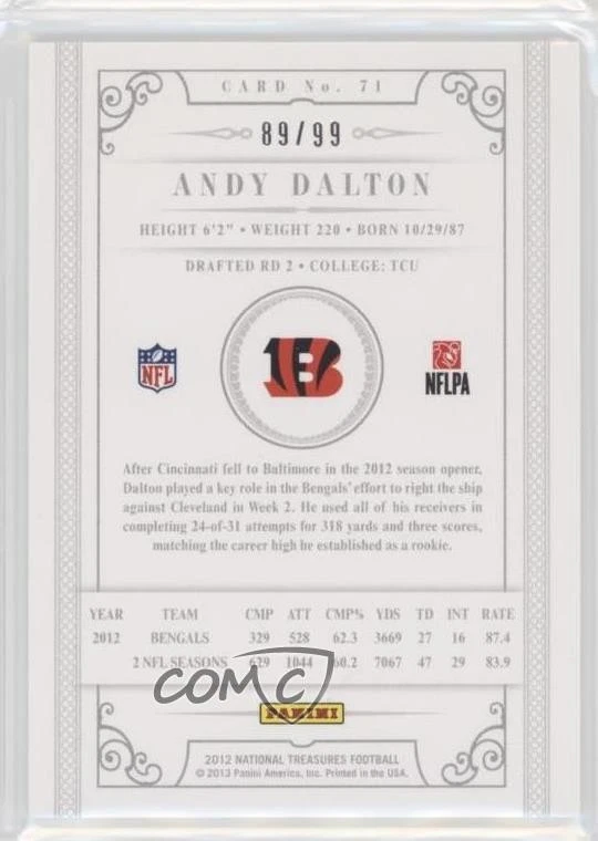 2012 Panini National Treasures /99 Andy Dalton #71 - Image 2 of 2