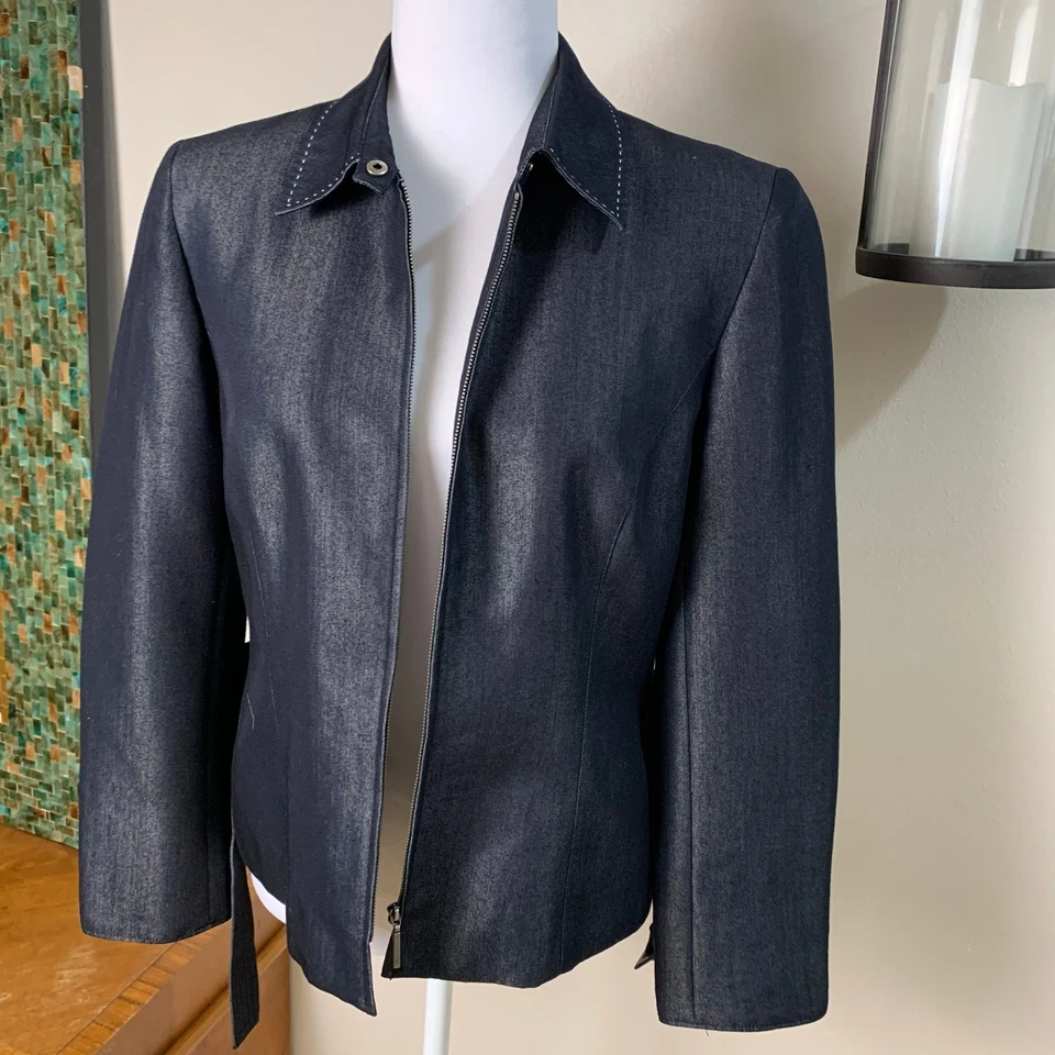 Chaqueta Blazer Norton McNaughton Petites Talla 10P Cinturón Azul Marino Denim-Look Cremallera Completa Foto 4 de 4