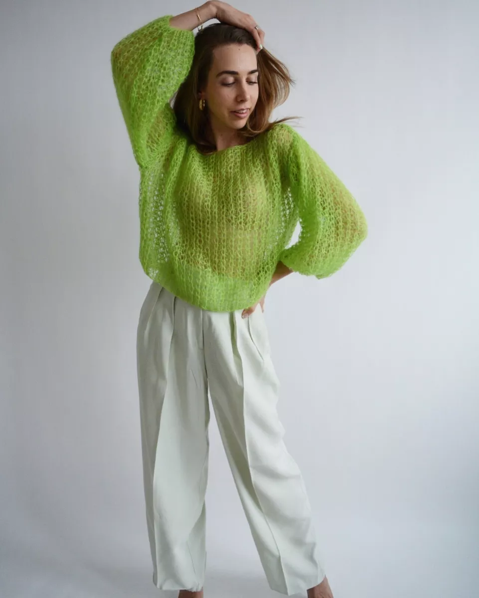 Lime green mohair sweater Sexy cropped sweater Handknit short chunky sweater