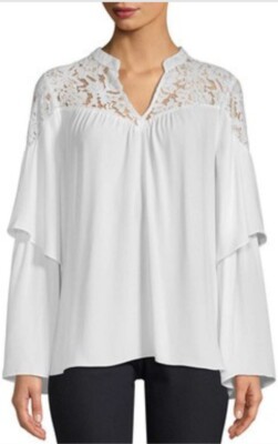 NWT BCBG MAXZARIA LACE INSERT RUFFLE LONG SLEEVE BUTTON UP SHIRT