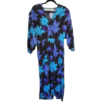 Adini Vintage Tropical Leaf Berry Printed Surplice Long Maxi Dress Blue 11  M