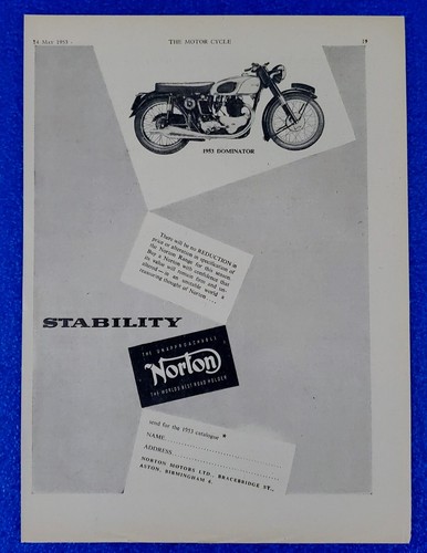 1953 NORTON MOTORCYCLE VINTAGE PRINT AD DOMINATOR STABILITY - BRITISH CYCLE ICON